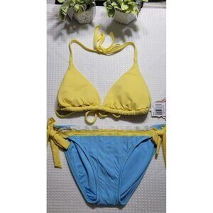 Becca By Rebecca Virtue Bikini Set Womens Surf Blue/Yellow  2 PC Sz L Cup D NEW